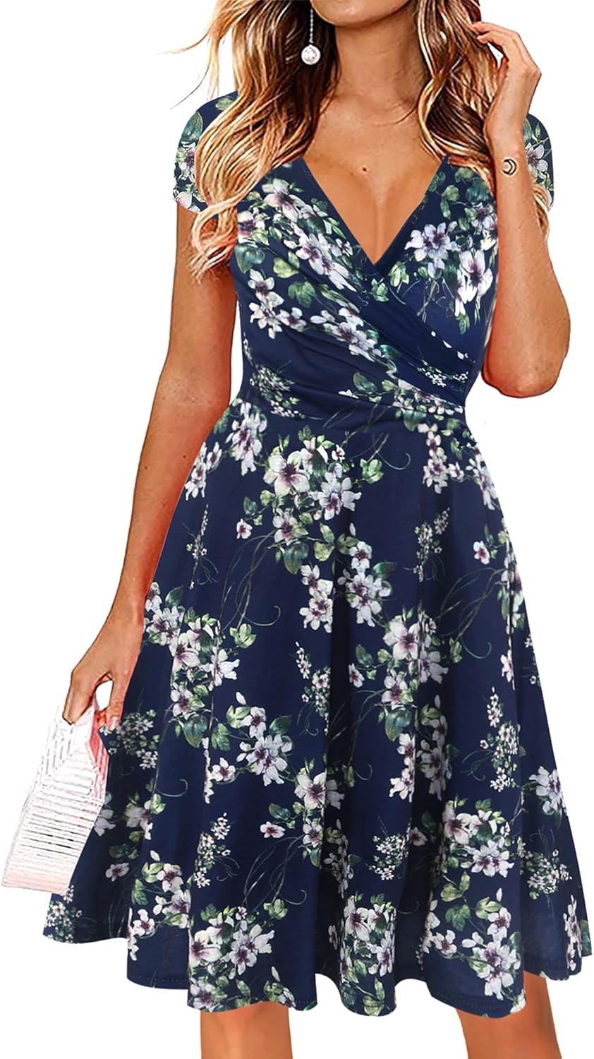 Oxiuly Women's Cap Sleeve Summer Casual Floral Vacation Dress