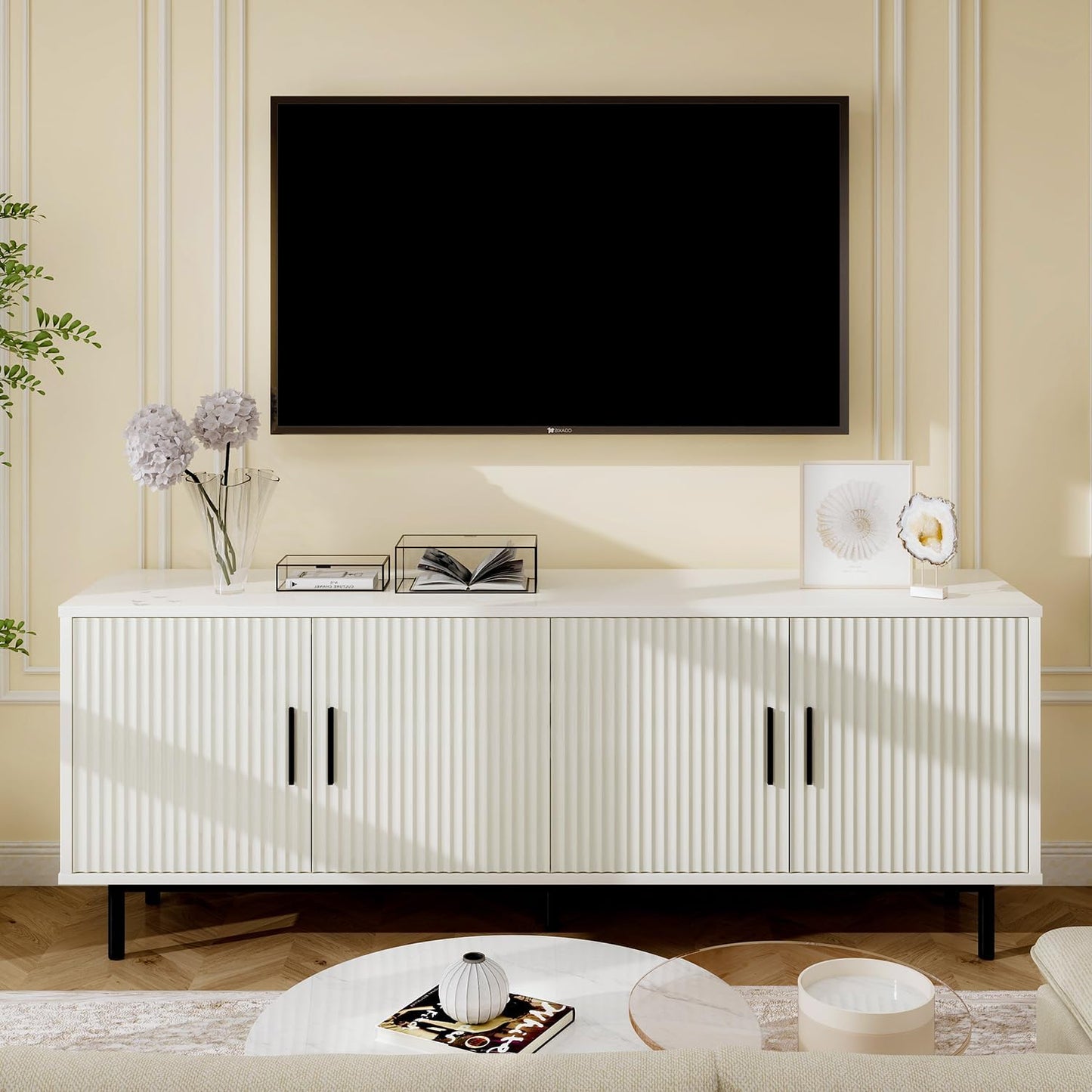 Modern Fluted-Door TV Stand, Spacious Storage, Fits 80 TVs