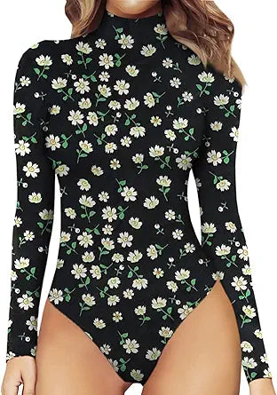 MANGOPOP Women's Mock Turtle Neck Long Sleeve Bodysuit Jumpsuit