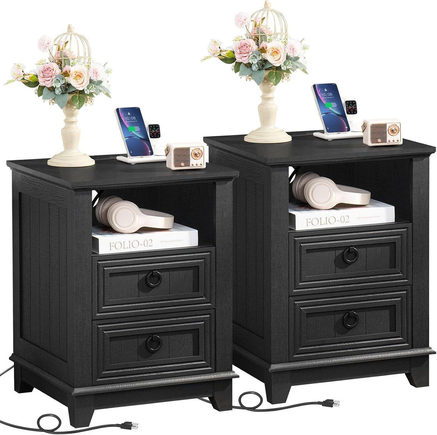 Farmhouse Night Stands Set of 2 with Charging Station for Bedroom