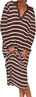 Womens Striped Sweater Dress V Neck Midi - Cozy Fall Staple Casual