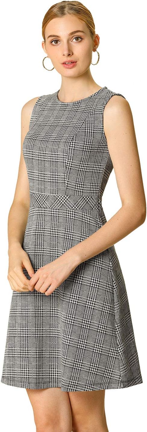 Allegra K Women's Sleeveless Houndstooth Plaid A Line Dress