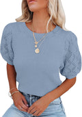 Womens Crewneck Puff Sleeve Knit Pullover Top - Lightweight Summer