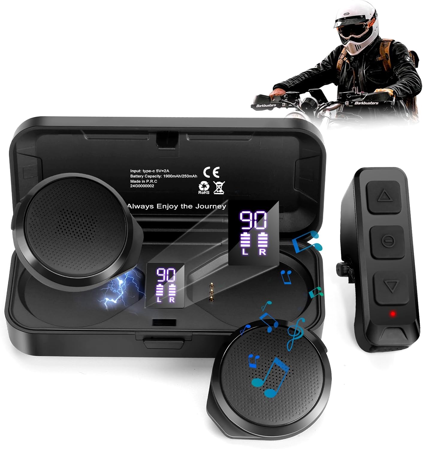 True Wireless Motorcycle Helmet Headset with Remote Control