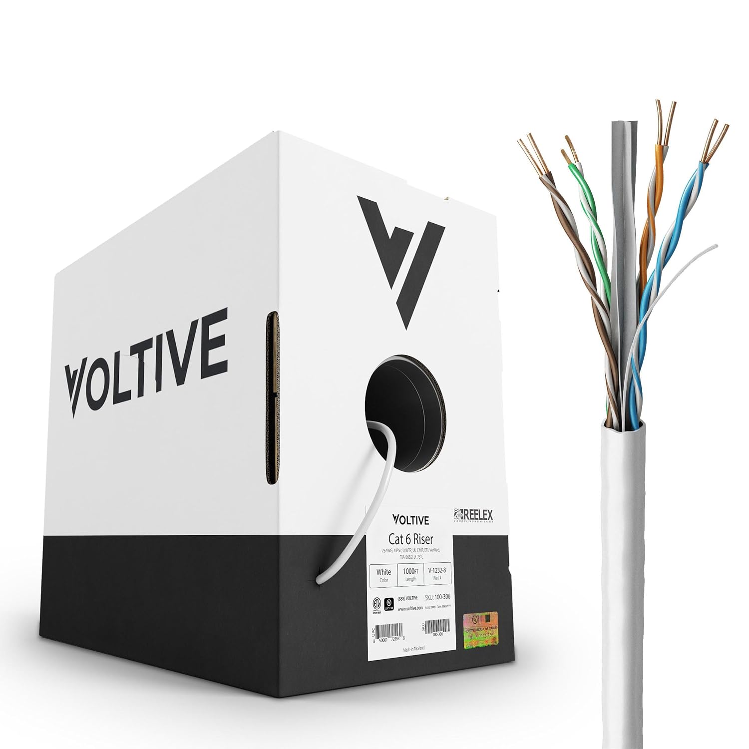 Voltive Cat6 Riser 1000ft White Solid Copper Ethernet Cable