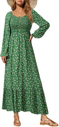 Boho Floral Smocked Maxi Dress with Square Neck - Flattering Fit