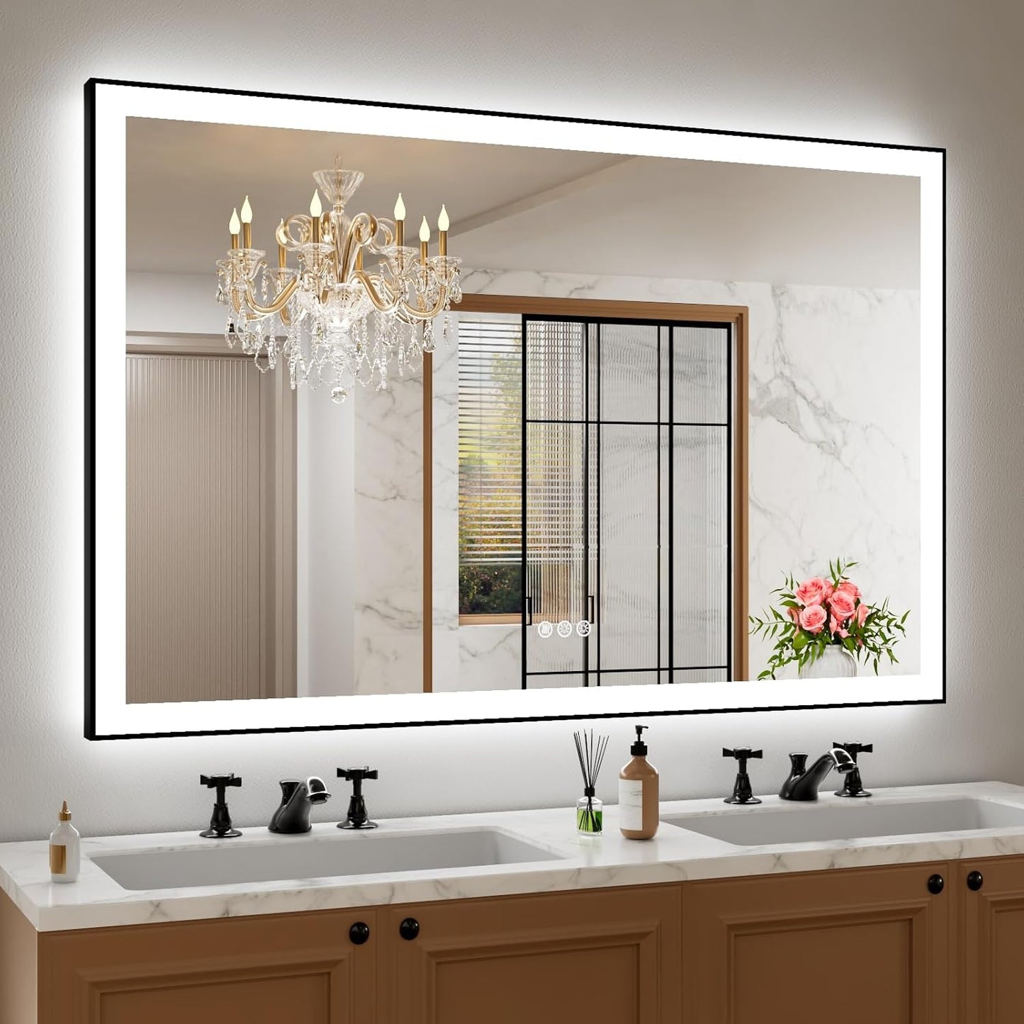 Amorho 55in LED Bathroom Mirror with Black Frame and Dimmable Light