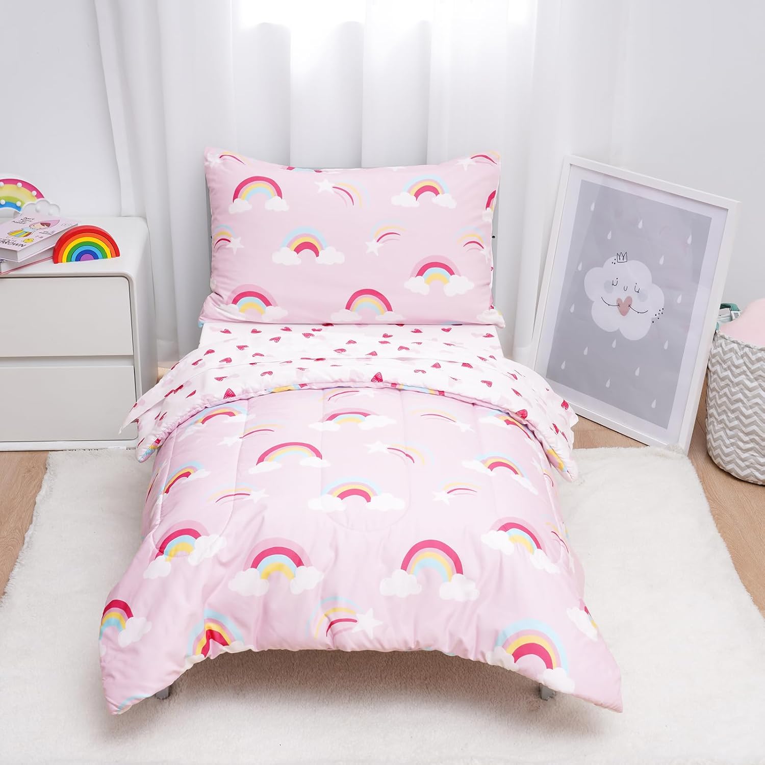 Soft Breathable Toddler Bedding Set for Girls - Rainbow Design