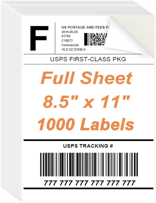 1000 Sheets Matte Sticker Paper - Printable Full Page Labels - Inkjet/Laser - White - 8.5x11