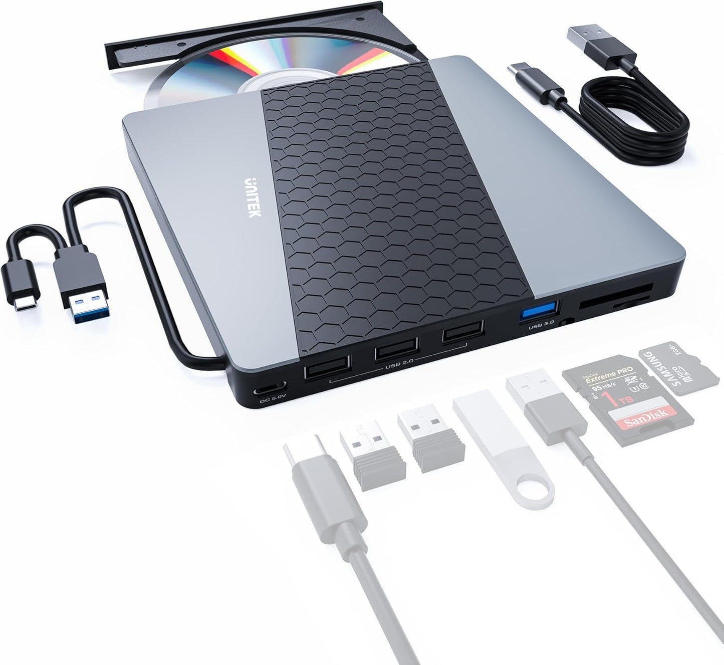 Unitek USB 3.0/USB C 6-in-1 CD DVD Drive: Portable & Versatile