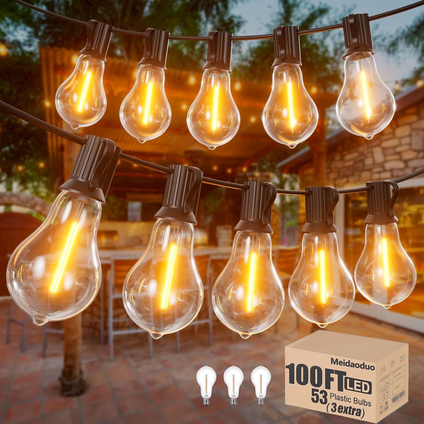 Outdoor String Lights 100 ft with Shatterproof Warm Lights