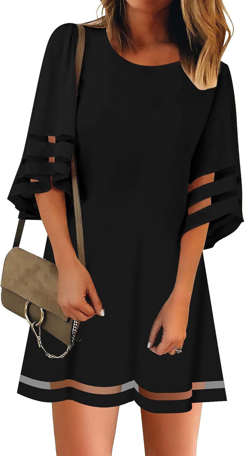 LookbookStore Women Casual Crewneck Mesh Panel Tunic Dress