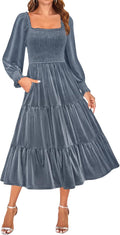 ZESICA Velvet Long Sleeve Smocked Ruffle Midi Dress - Flattering