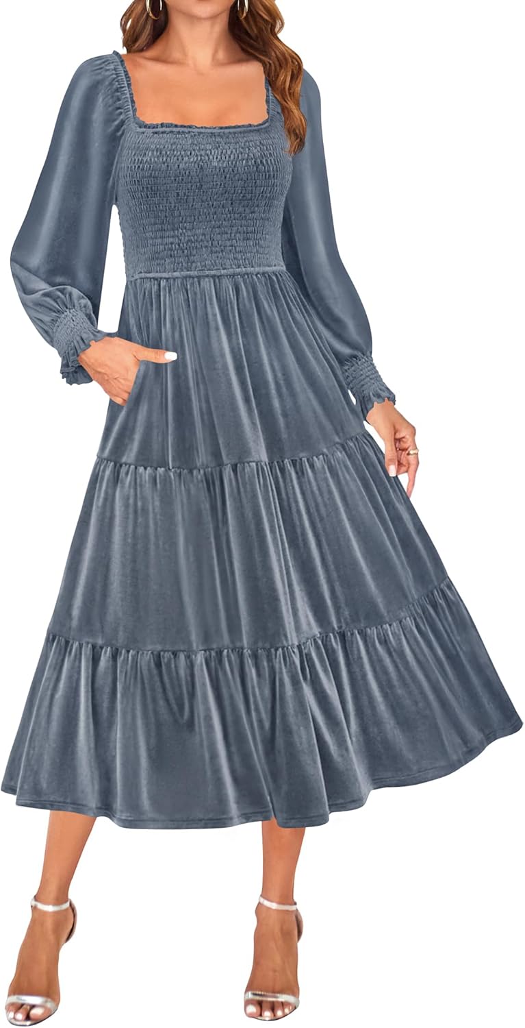 ZESICA Women's Velvet Long Sleeve Cocktail Party Midi Dress