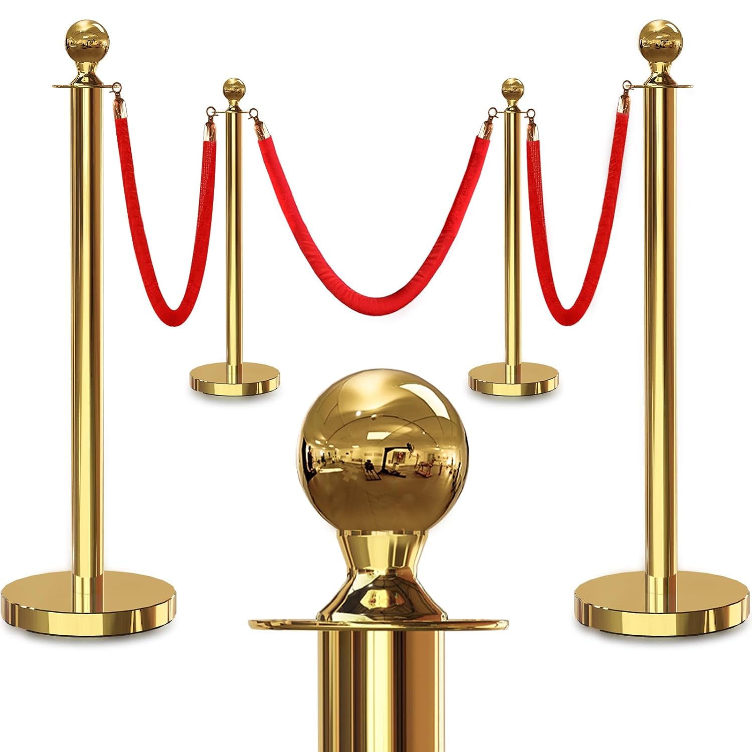 4PCS Gold Stanchions with Red Velvet Rope Set for Crowd Control