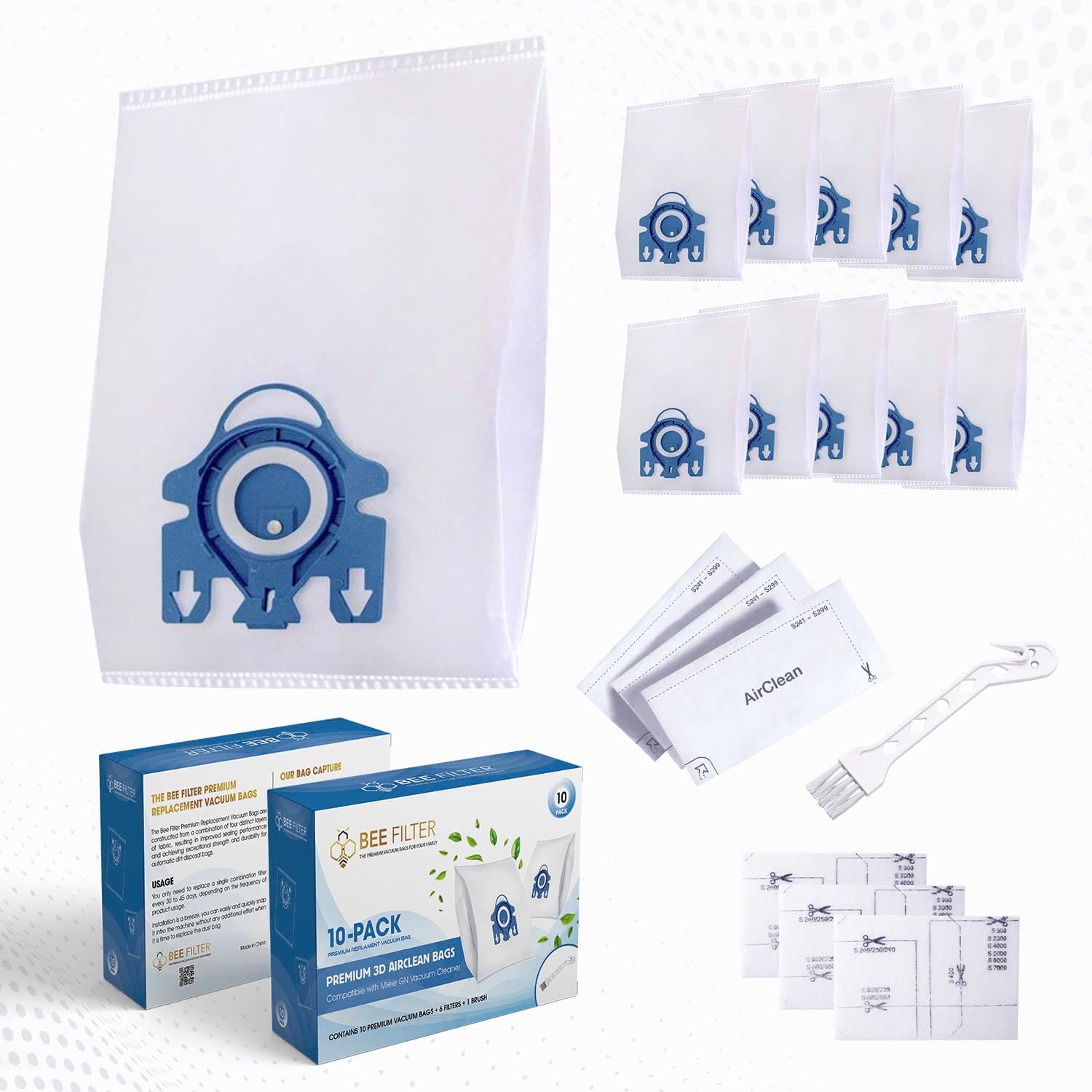 10 Pack Miele GN Vacuum Bags w/ 3AC Filters by BEE FILTER