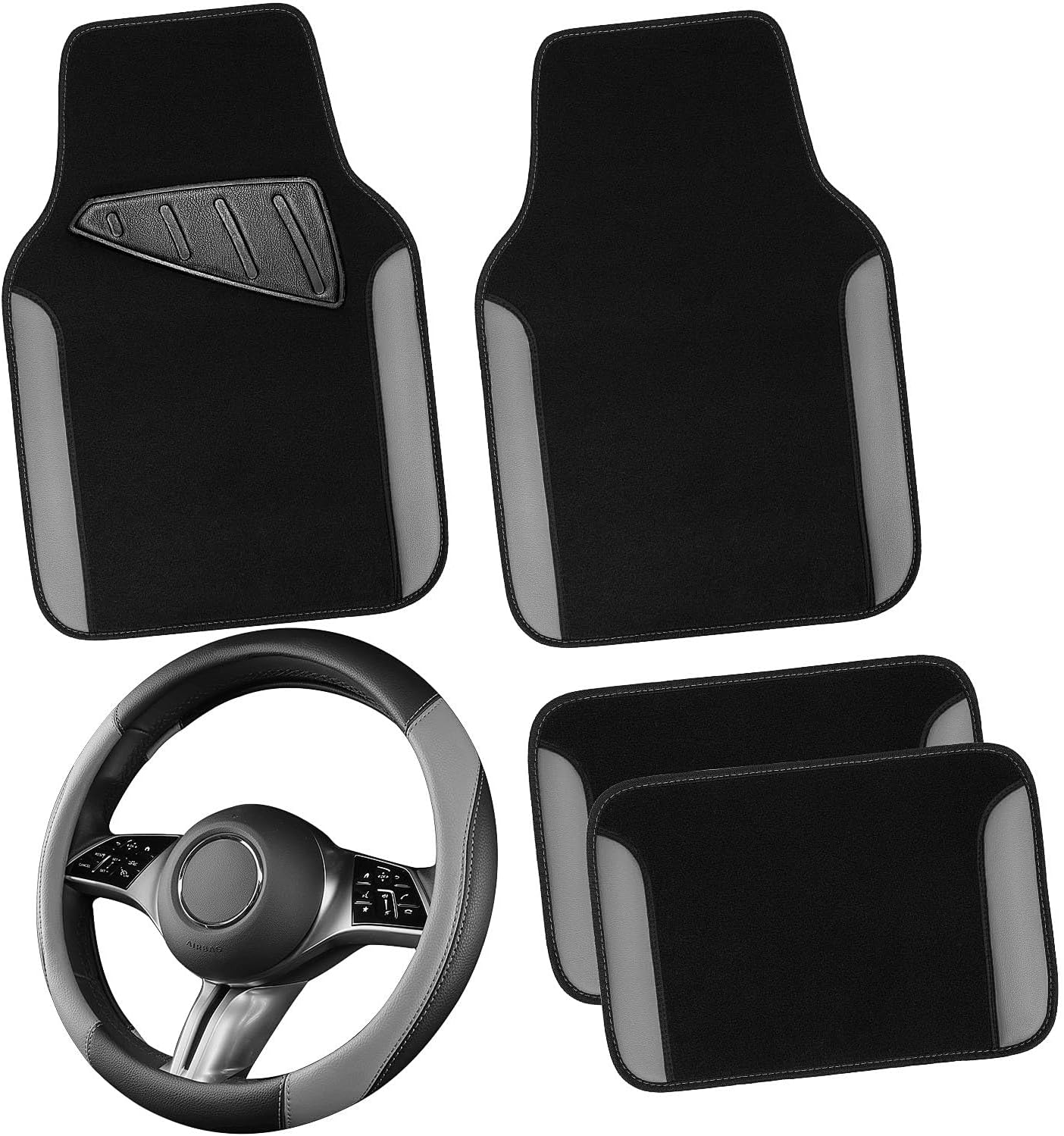 CAR PASS Faux Leather Steering Wheel Cover and Floor Mats Combo