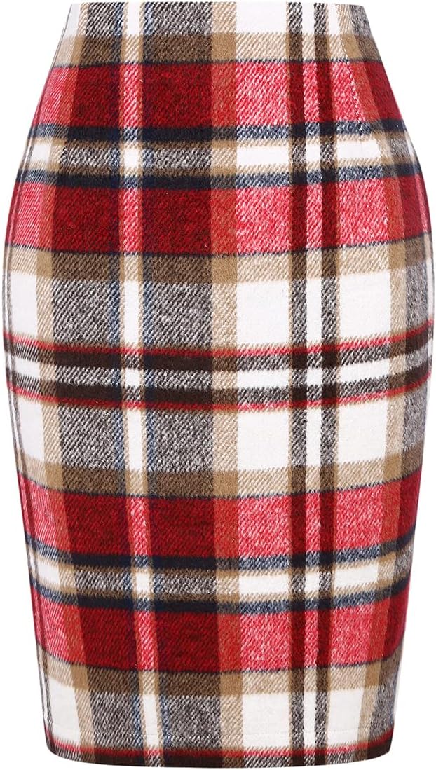 Plaid Skirts for Women Fall Winter Knee Length Pencil Wool Skirt