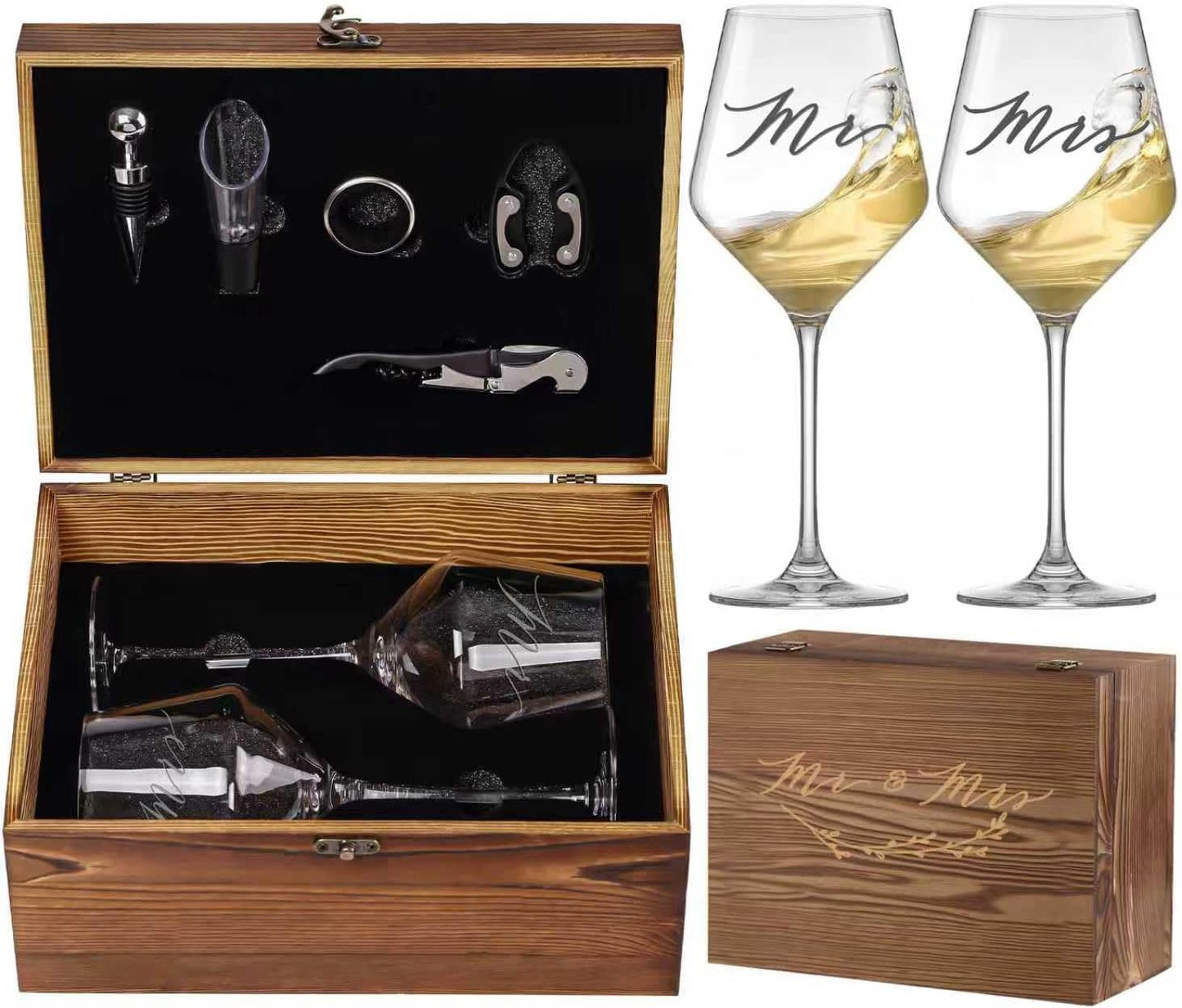 Mr and Mrs Wine Glasses Set with Wooden Box for Couples Gift