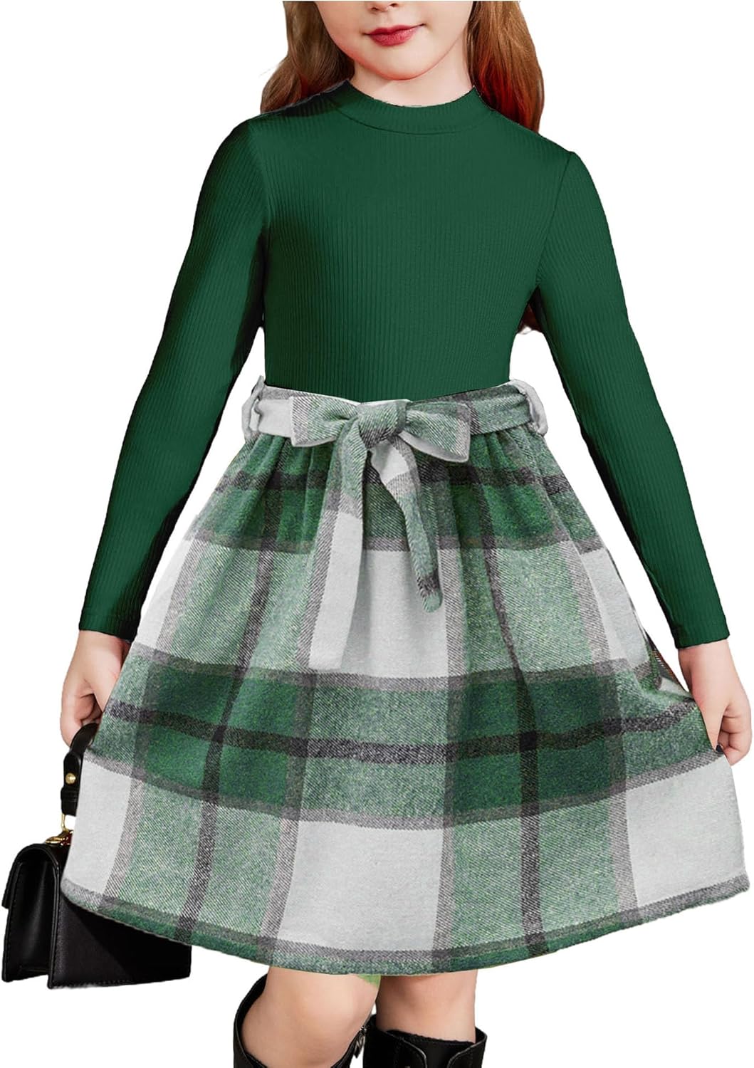 Arshiner Girls Dresses Long Sleeve Knit Plaid Patchwork Dress