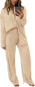 PRETTYGARDEN Women's 2 Piece Fall Textured Button Down Set Pant