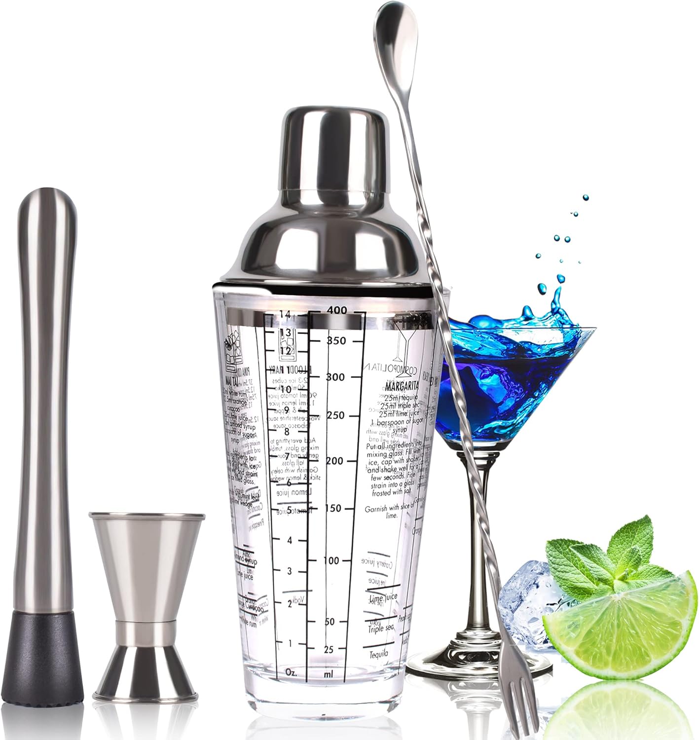 PANSHUN Cocktail Shaker Set: Easy Mixing with Glass Cup & Stainless Steel Tools