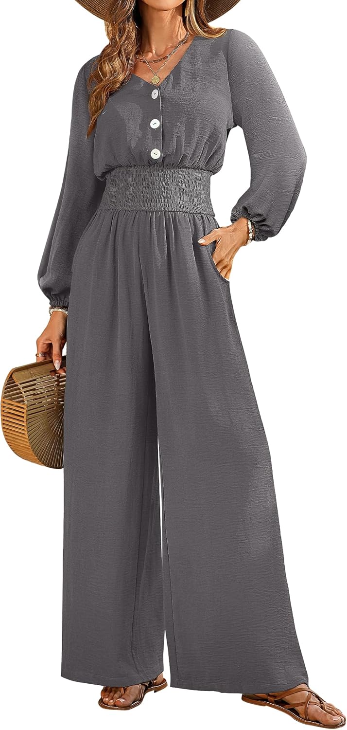 LOOKBOHO Womens Jumpsuits Long Sleeve V Neck Casual Wear