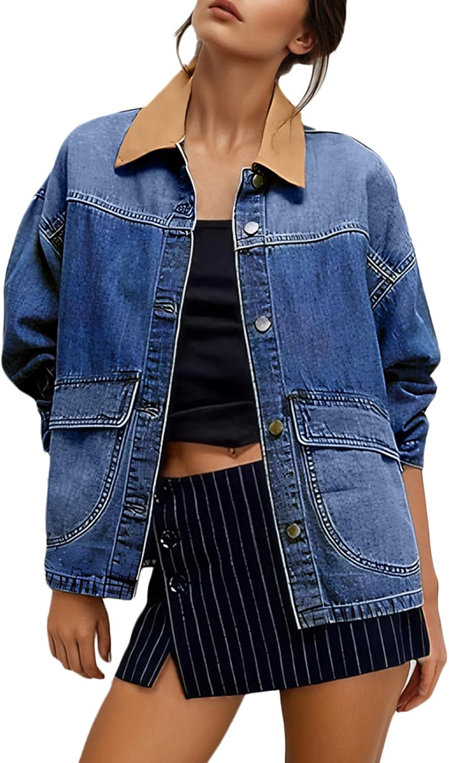 Trendy Color Block Denim Jacket for Women - Oversized Style