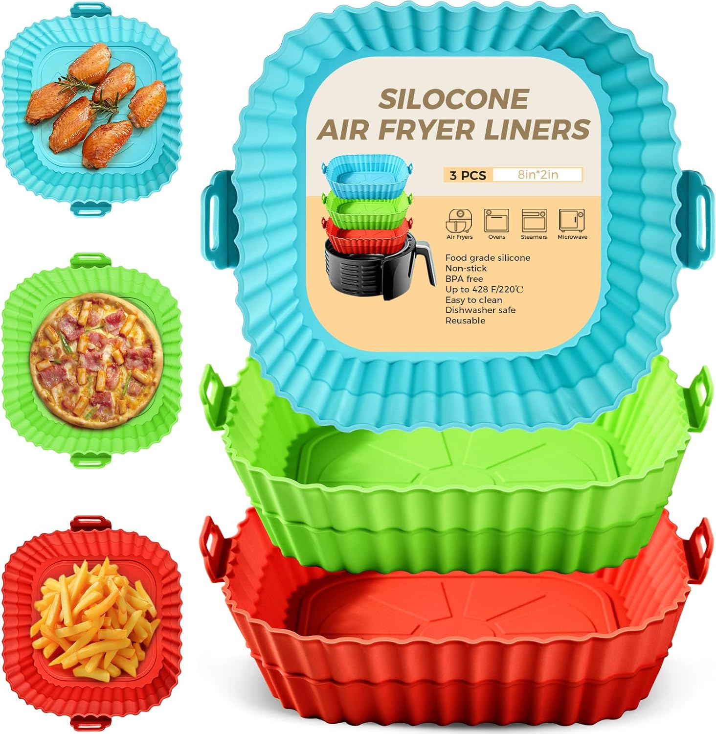 3 Pack Reusable Silicone Liners for Air Fryer - Flammable Paper Replacement