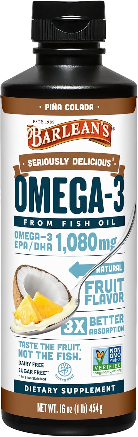 Barlean's Omega 3 Fish Oil Liquid Supplement, Pina Colada Flavor