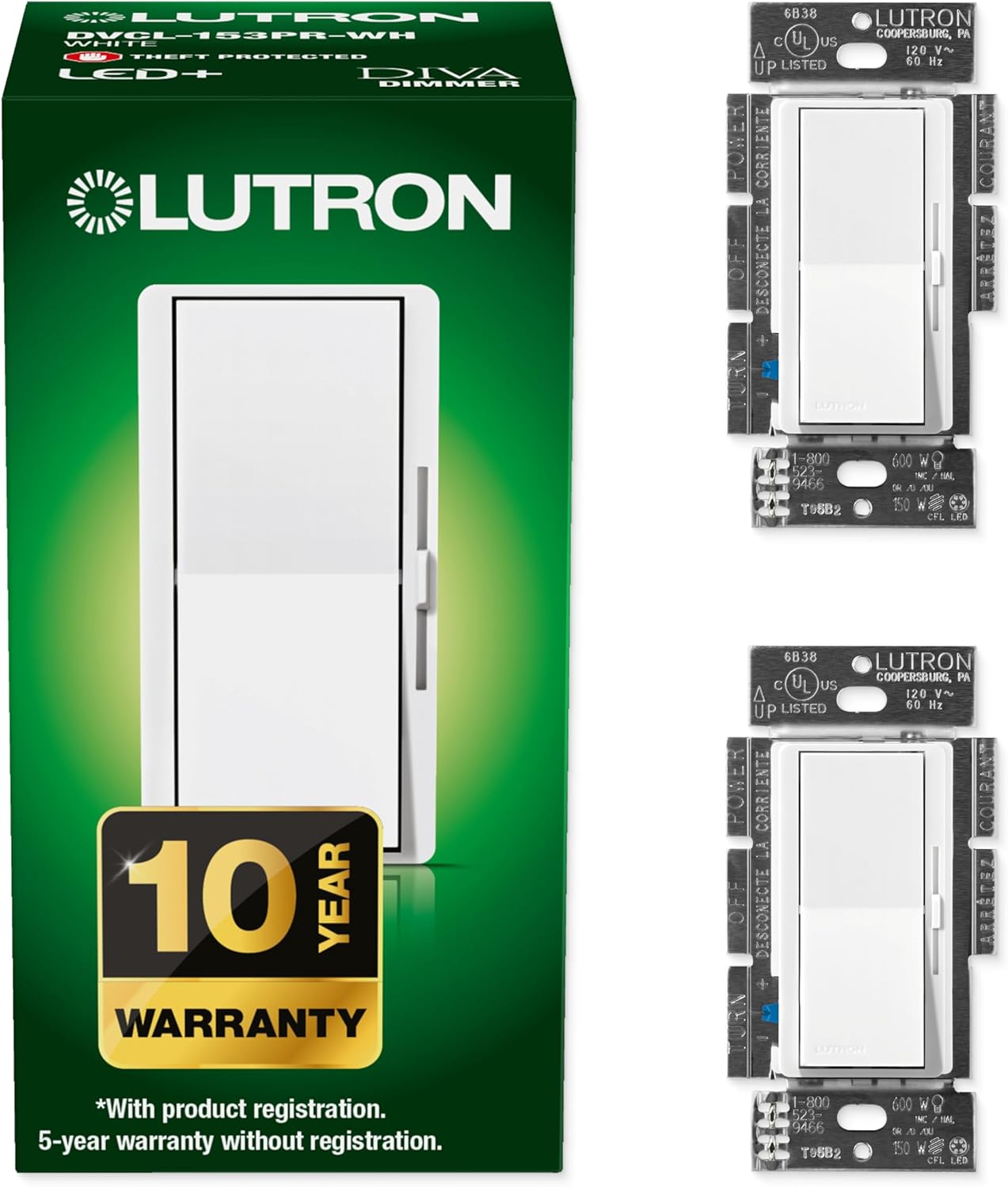 Lutron Diva LED+ Dimmer Light Switch for Dimmable Bulbs, 2-Pack
