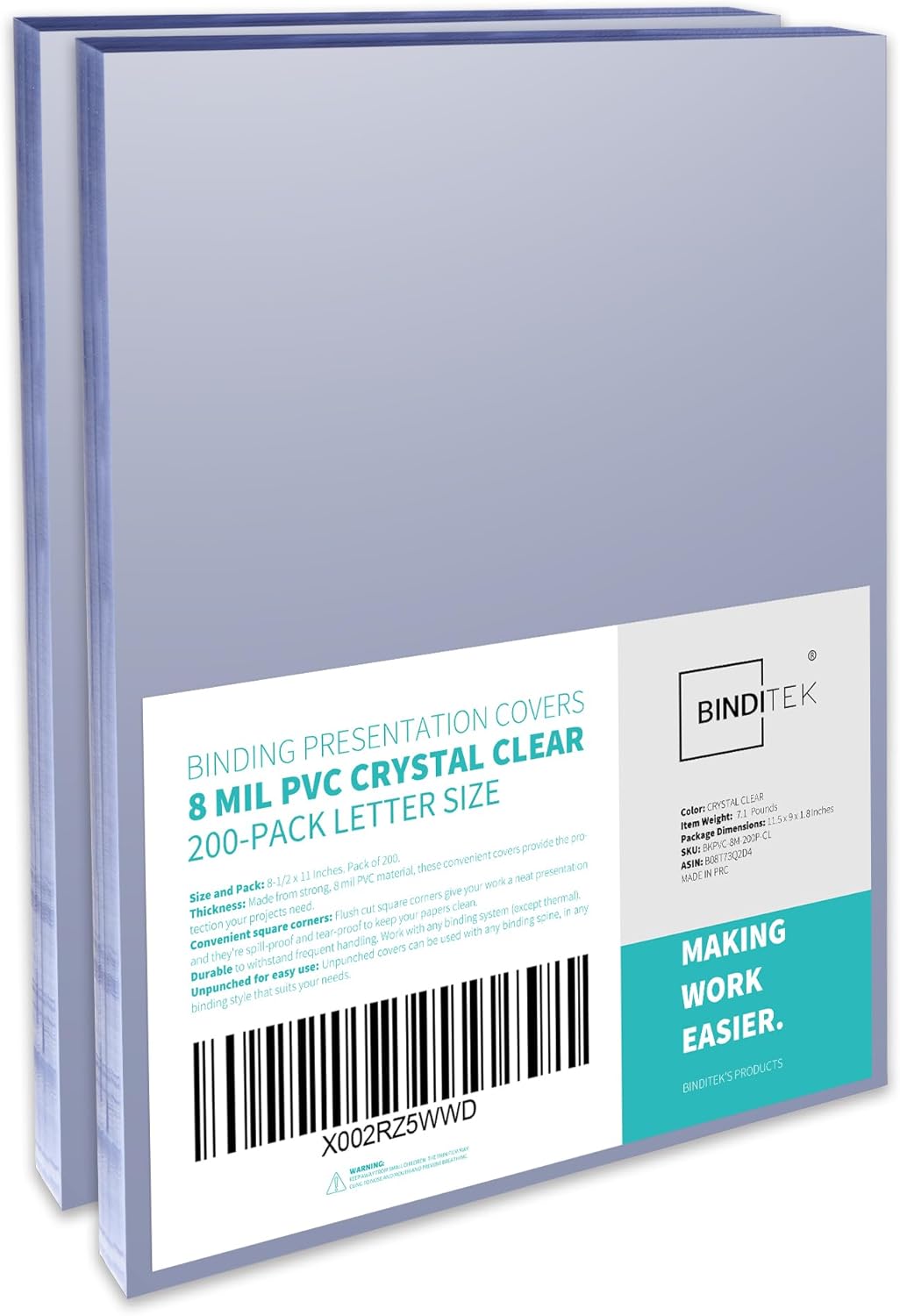 Binditek 200 Pack 8 Mil PVC Clear Binding Covers for Documents