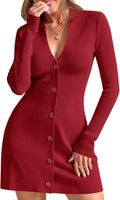 Wenrine Womens Deep V Neck Sweater Dress - Ruffle Hem Mini Women's