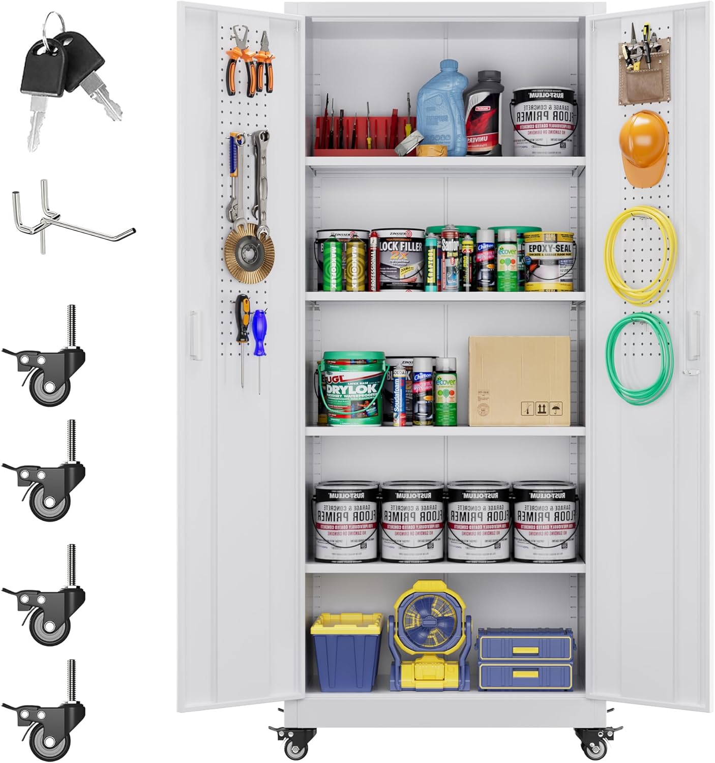 Aobabo 73ftH Metal Garage Storage Cabinet with Wheels and Pegboards