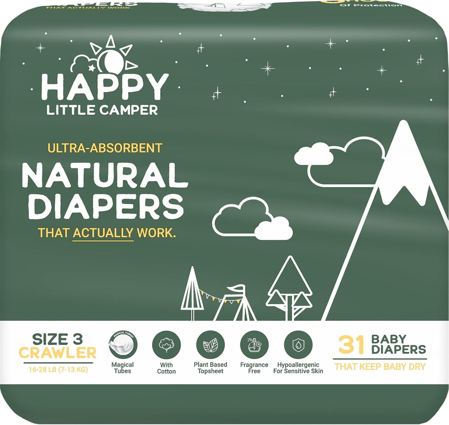 Ultra-Absorbent Size 3 Baby Diapers - Hypoallergenic & Chlorine-Free - Happy Little Camper