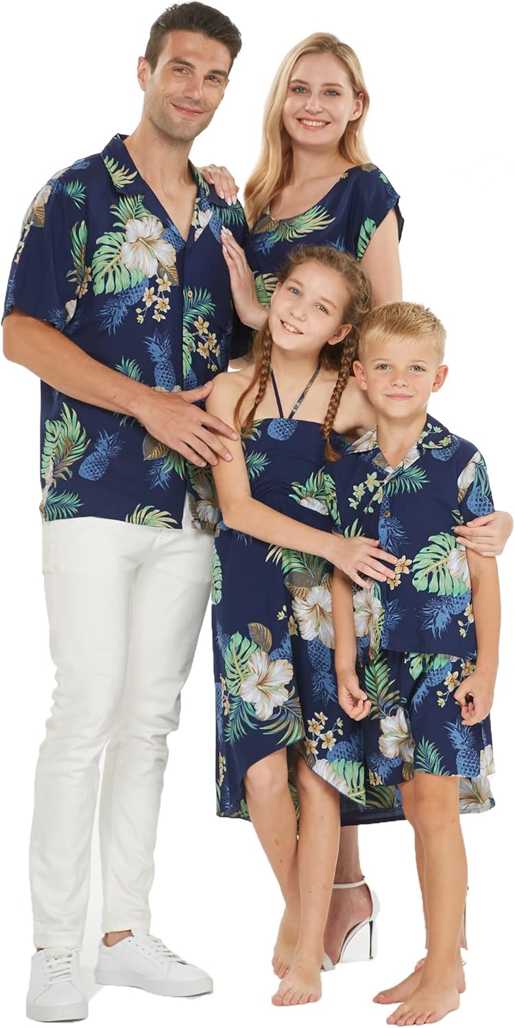 Matchable Family Hawaiian Luau Clothes in Pineapple Garden Navy