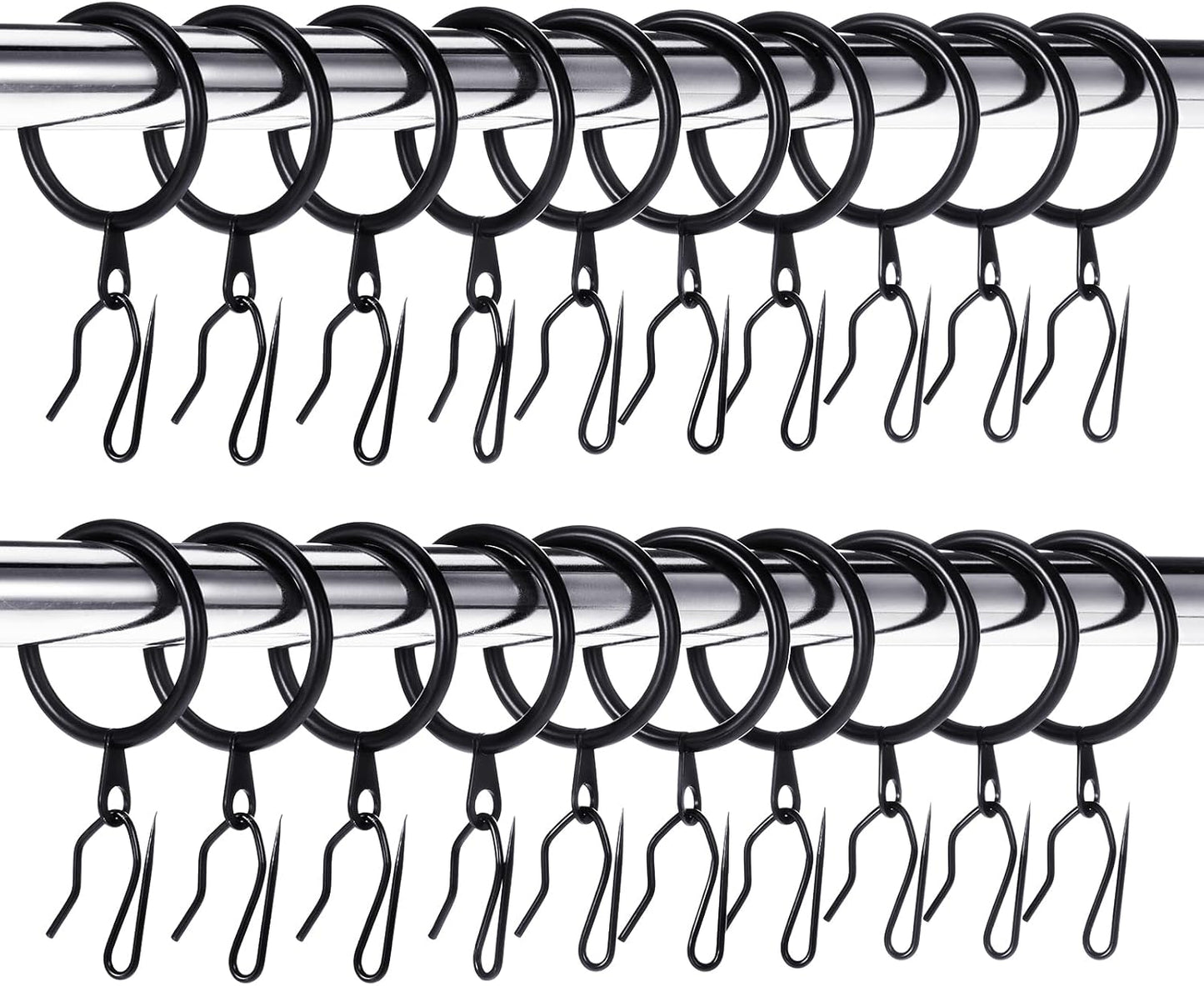 Secure Drapery Hooks Set - 60 Metal Rings & Pins (Black)