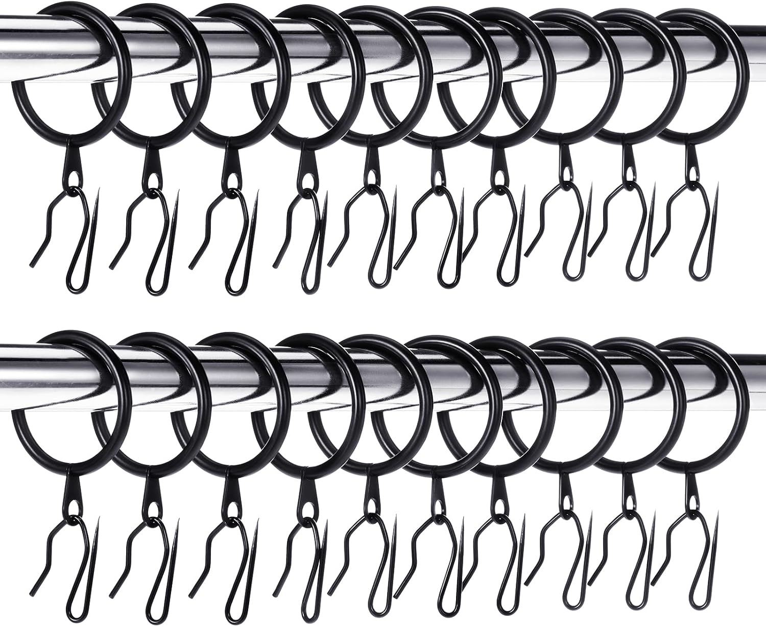 Secure Drapery Hooks Set - 60 Metal Rings & Pins (Black)