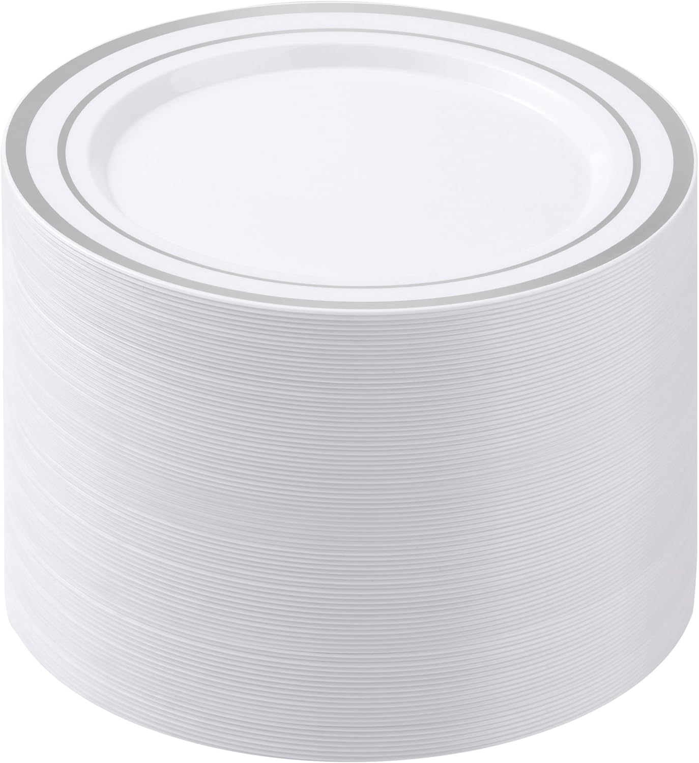 100PCS White Plastic Plates for Party with Silver Rim Design