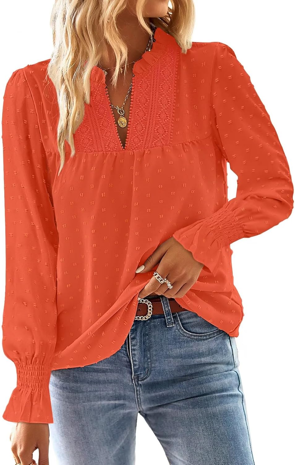 Boho Tops for Women V Neck Blouses Flowy Swiss Dot Style