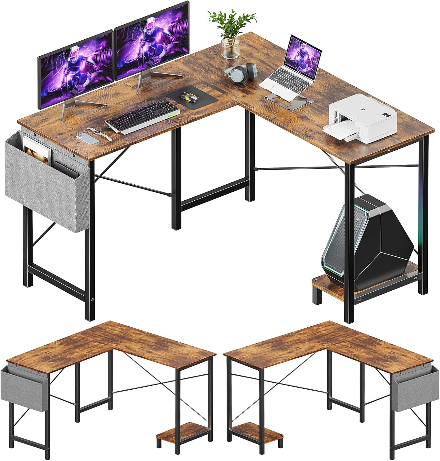 Sleek L-Shaped Desk with CPU Stand and Side Bag