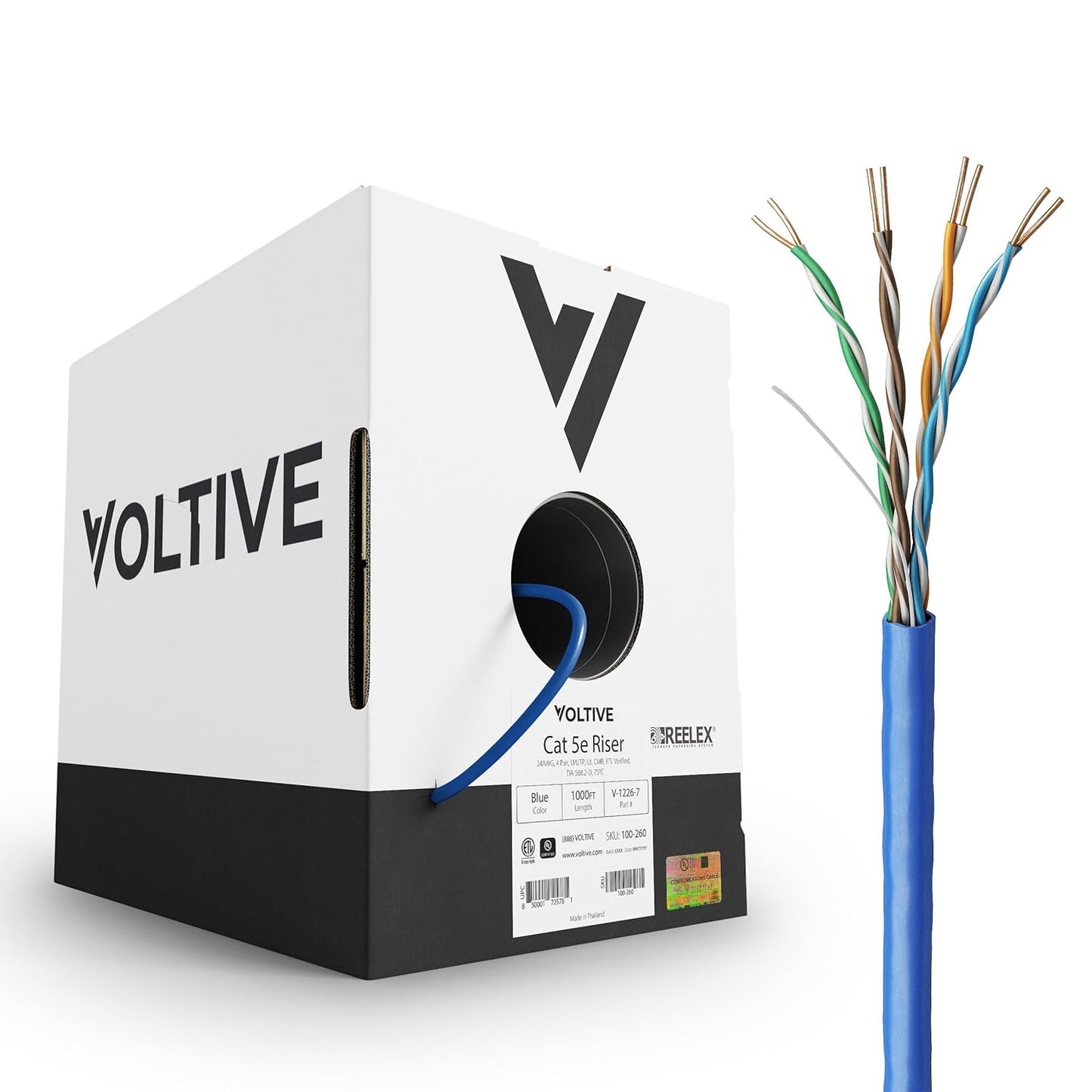 Voltive Cat5e Riser 1000ft Blue Solid Copper Ethernet Cable