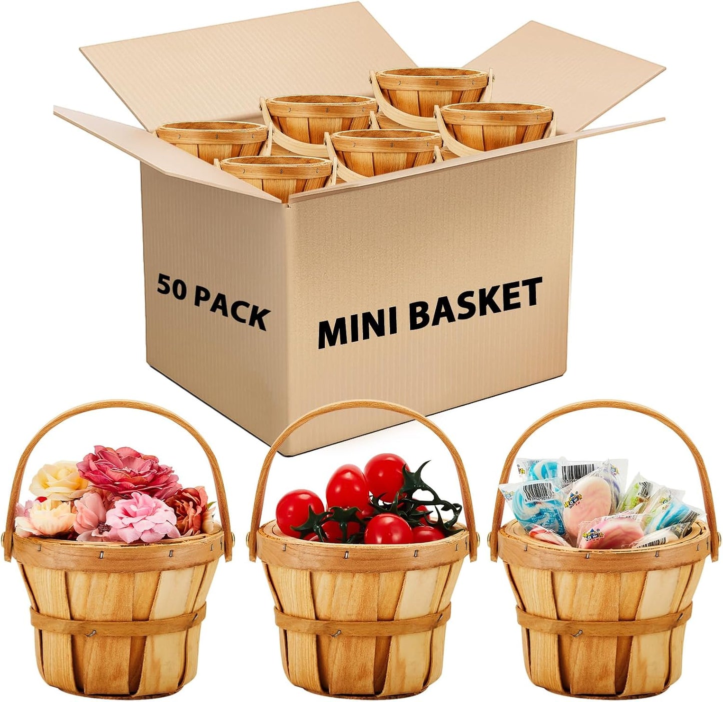 Mini Wooden Apple Baskets for Gifts - 50 Pcs Bulk Set