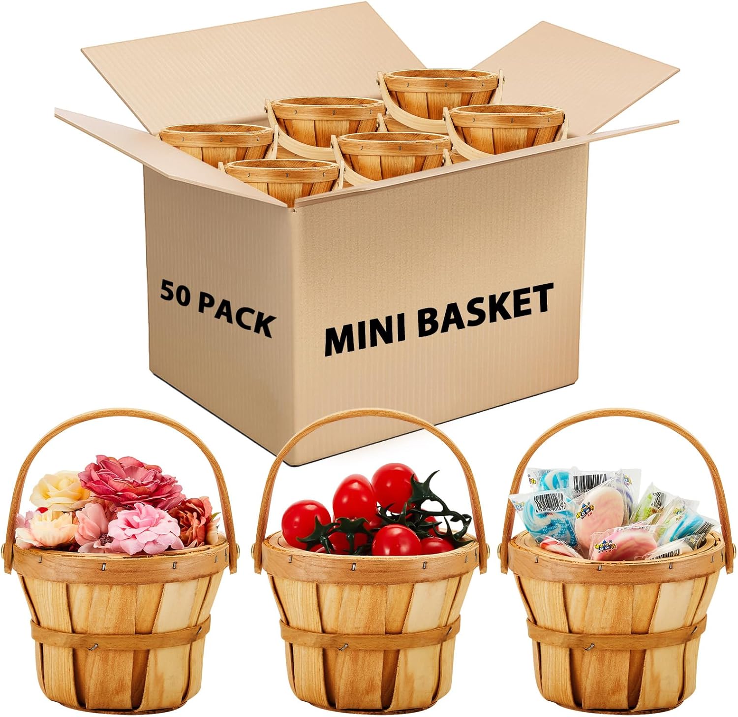 Mini Wooden Apple Baskets for Gifts - 50 Pcs Bulk Set