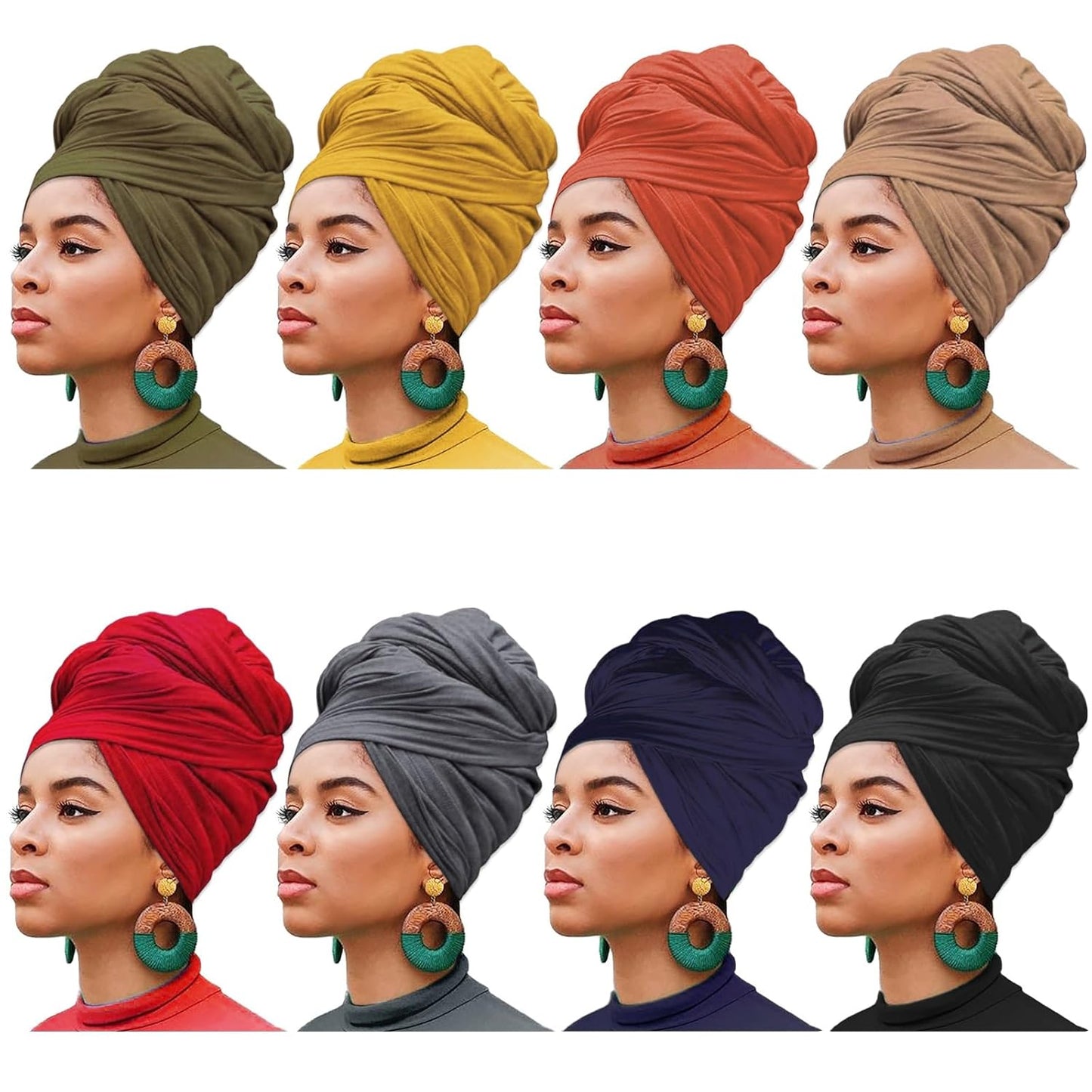 8 Pieces Head Wrap Stretch Jersey Turban for Women - Soft & Breathable