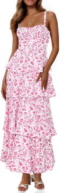 Wenrine Womens Summer Floral Maxi Dress - Flowy Tiered Ruffle Style