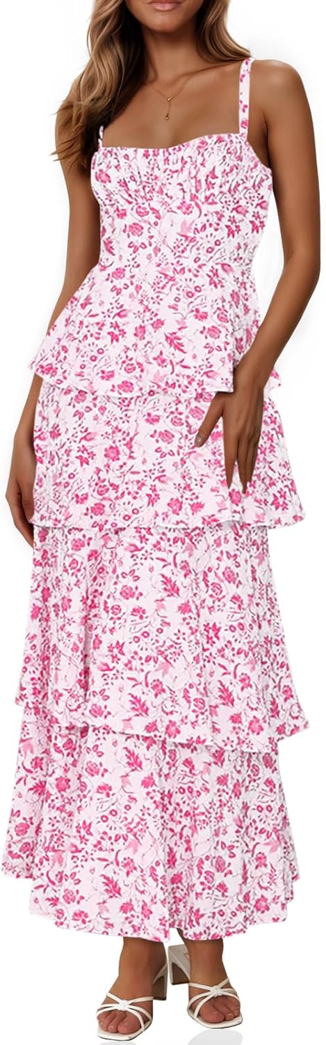 Womens Summer Floral Maxi Dresses with Ruffle Tiered Design