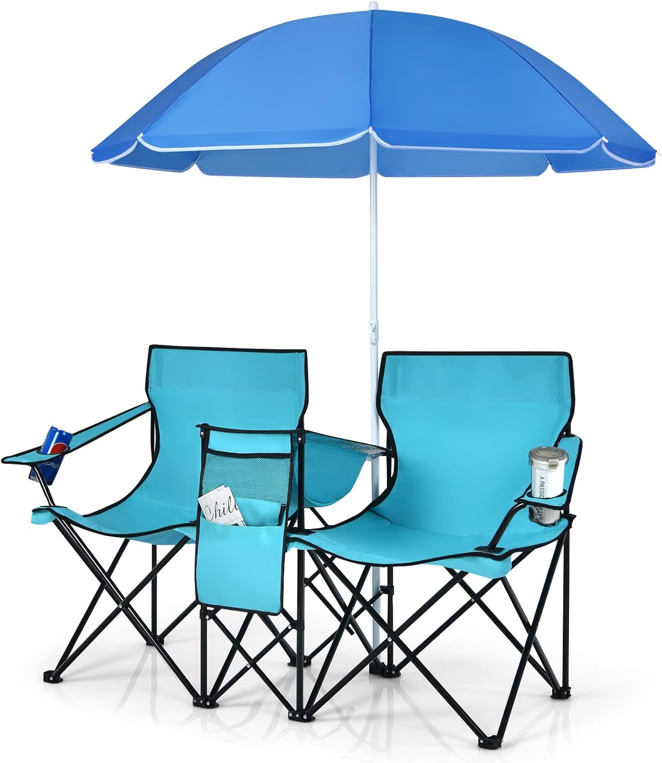 COSTWAY Double Picnic Chairs with Umbrella - Ultimate Outdoor Comfort
