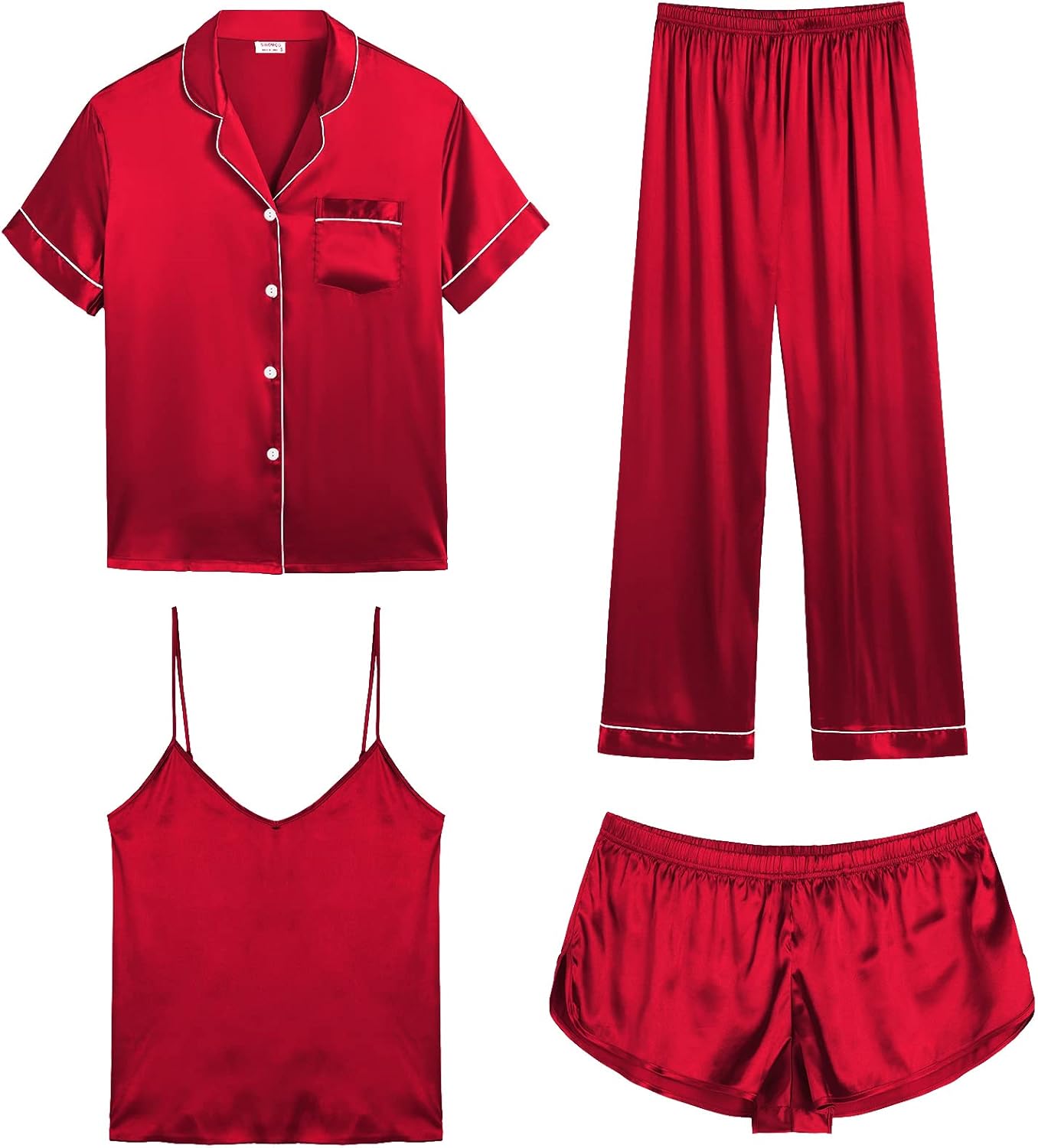 Luxurious SWOMOG Womens Silk Satin Pajamas 4pcs Sleepwear Set