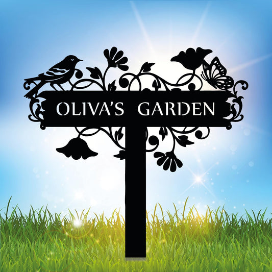 Customized Metal Birds and Flowers Personalized Garden Sign